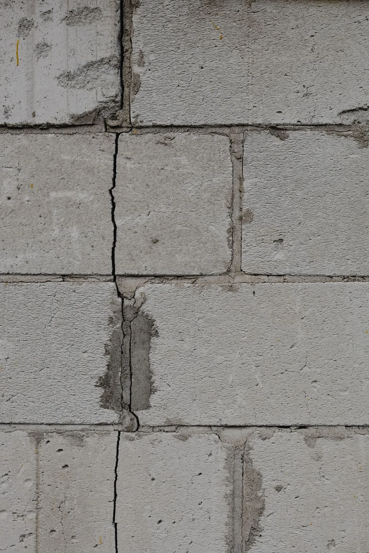 Vertical crack running through gray concrete blocks and their mortar joints in a block wall
